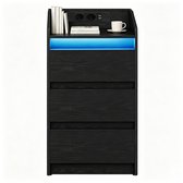 HILINSIE Nachtkastje met 3 laden, bijzettafel met oplaadstation en LED, 2 AC-stopcontacten en 2 USB-poorten voor slaapkamer, woonkamer, Zwart