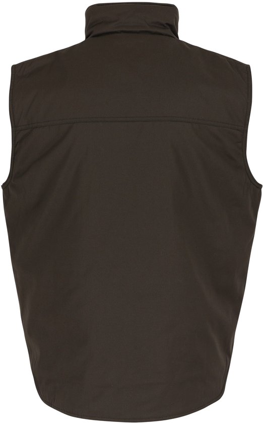 Bruine bodywarmer, achterkant zichtbaar, hoge kraag, lange rug.
