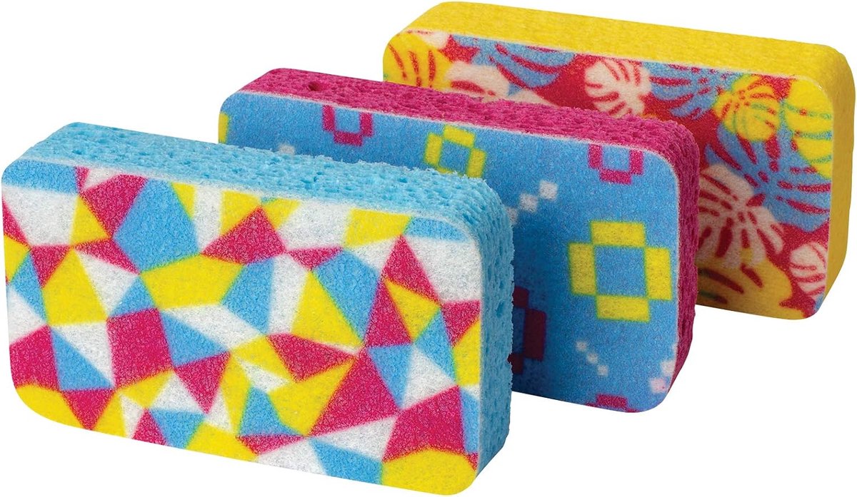 Cellulose Scrub Sponzen, Pruim, Limoen en Oranje Print, 3-Pack