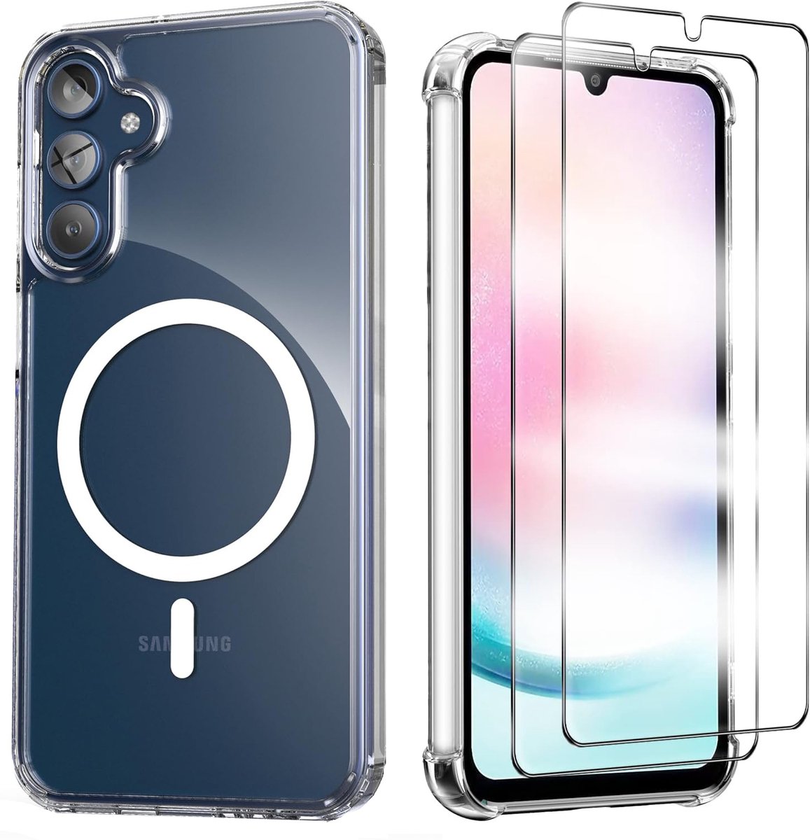 Hoesje + Glas Geschikt voor Samsung Galaxy S26 FE - Transparant - Casemania Magnetisch Anti-shock Back Cover met 2x Tempered Glazen Screenprotector - Geschikt voor MagSafe - Extra Stevig Val en Stootbescherming Telefoonhoesje