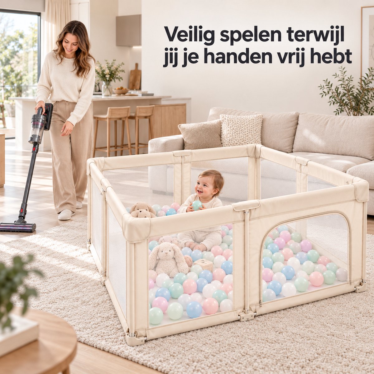 Lucellia® Grondbox Baby 130x130 cm – Inklapbare Speelbox met Speelmat, 50 Speelballen & Optrekringen – Kinderbox, Kruipbox, Playpen & Baby Box – Beige – foto 5