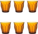 Six verres Duralex Picardie ambrés aux côtes verticales.