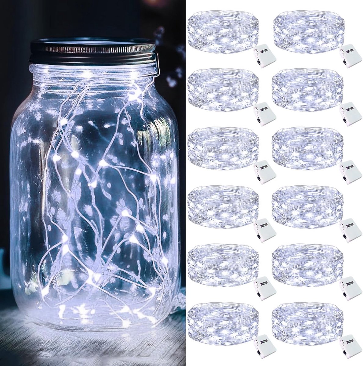 Halloween decoratie - Kerstversiering - LED Lichtsnoer - 2m met 20 LED's - Batterijgevoed - Waterdicht - 3 Standen - Voor Mason Jars en Feestjes - 12 stuks - Wit