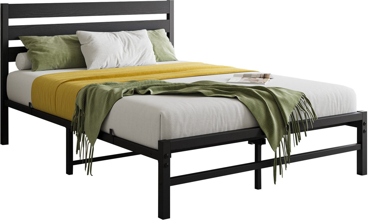 WUVRIE Metalen bed 140x200 cm met MDF-hoofdbord en lattenbodem, zwart