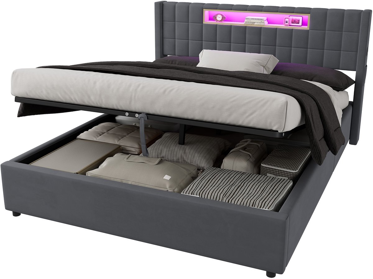 WUVRIE Gestoffeerd bed 160x200 cm met LED-verlichting, hoofdboordplank en opbergruimte, donkergrijs/grijs