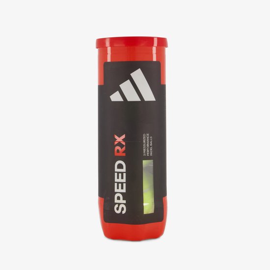 Rode Adidas "Speed Rx" verpakking met witte logo's en de tekst "3 PRESSURIZED PERFORMANCE PADEL BALLS".