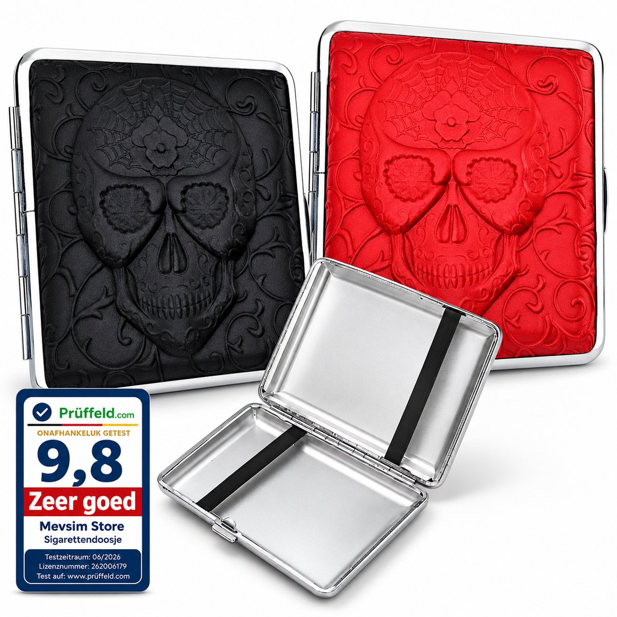 Sigarettendoosje Skull Design - Compacte Sigarettenhouder- Kunstleer & Metaal - Rood/Zwart - 20 Sigaretten