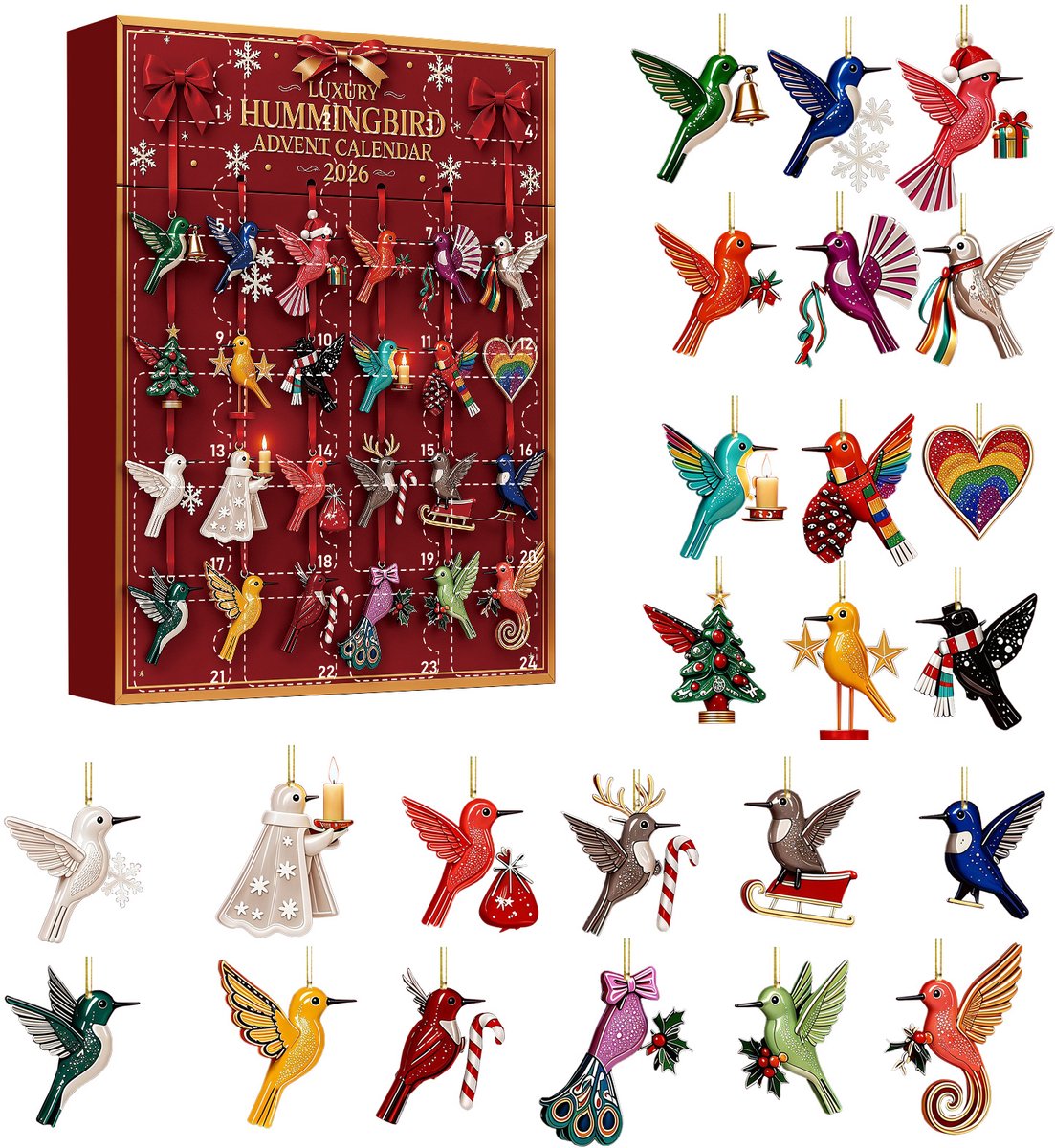 adventskalender 2026 - 24 stuks - meerdere kleuren - acryl materiaal - 8cm platte hangornamenten - kolibrie kerst ontwerp - kerstboom hangdecoratie - geschikt voor kerstfeest en interieur decoratie