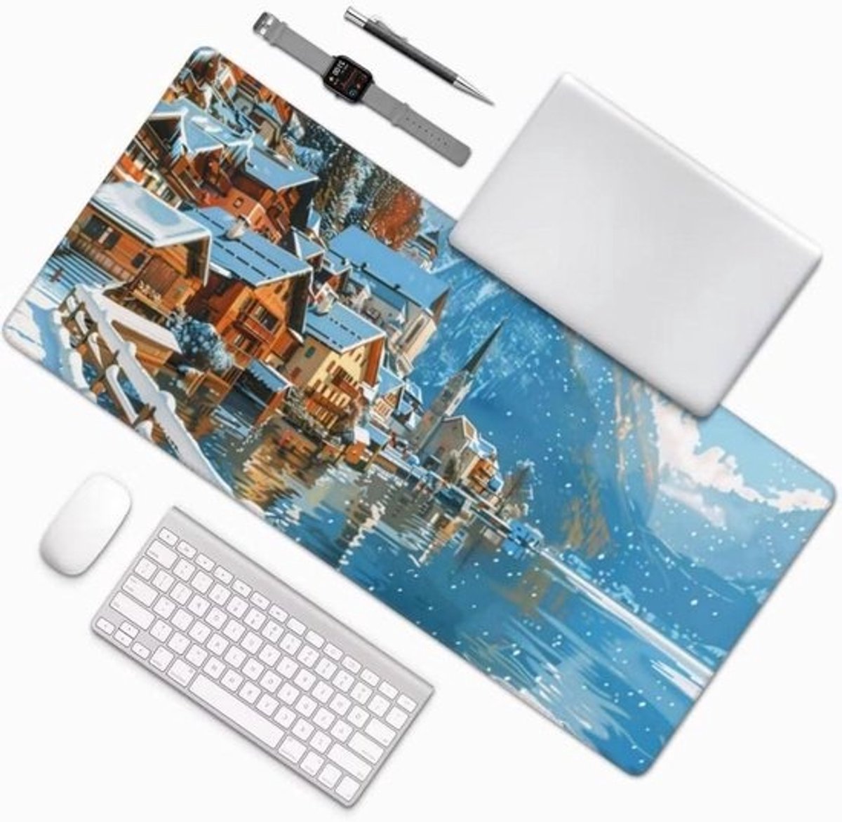 Grote Muismat - Bureaumat Desktopmat - Bureau Organisatie - Waterdicht Stofoppervlak - 60 x 30 cm - Winter Dorp