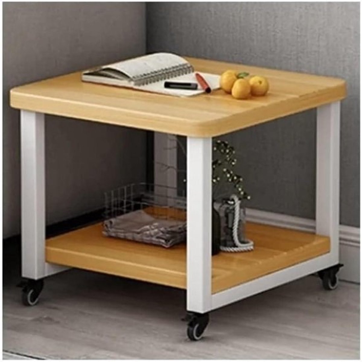 Printertafel met Wielen - Printerkast Rollend - Kantoor Organisatie - 2-laags Opslag - 50x40x50cm - Houtkleur