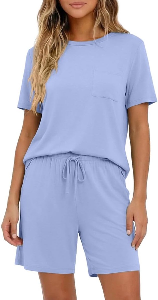 Pyjama voor dames, korte korte mouwen, pyjamaset, ronde hals, loungewear, zomer, nachtkleding, T-shirt en shorts