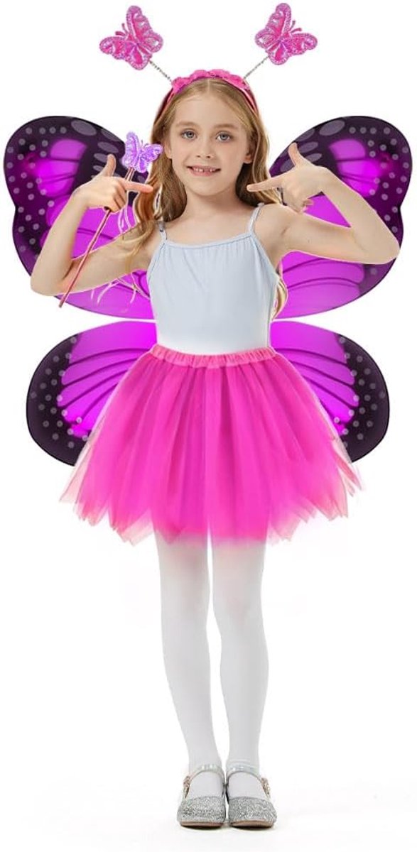 4-delig meisjeskostuum, vleugels, toverstaf, hoofdband en tutu, prinsessenkostuum voor kinderen, meisjes, carnaval, party