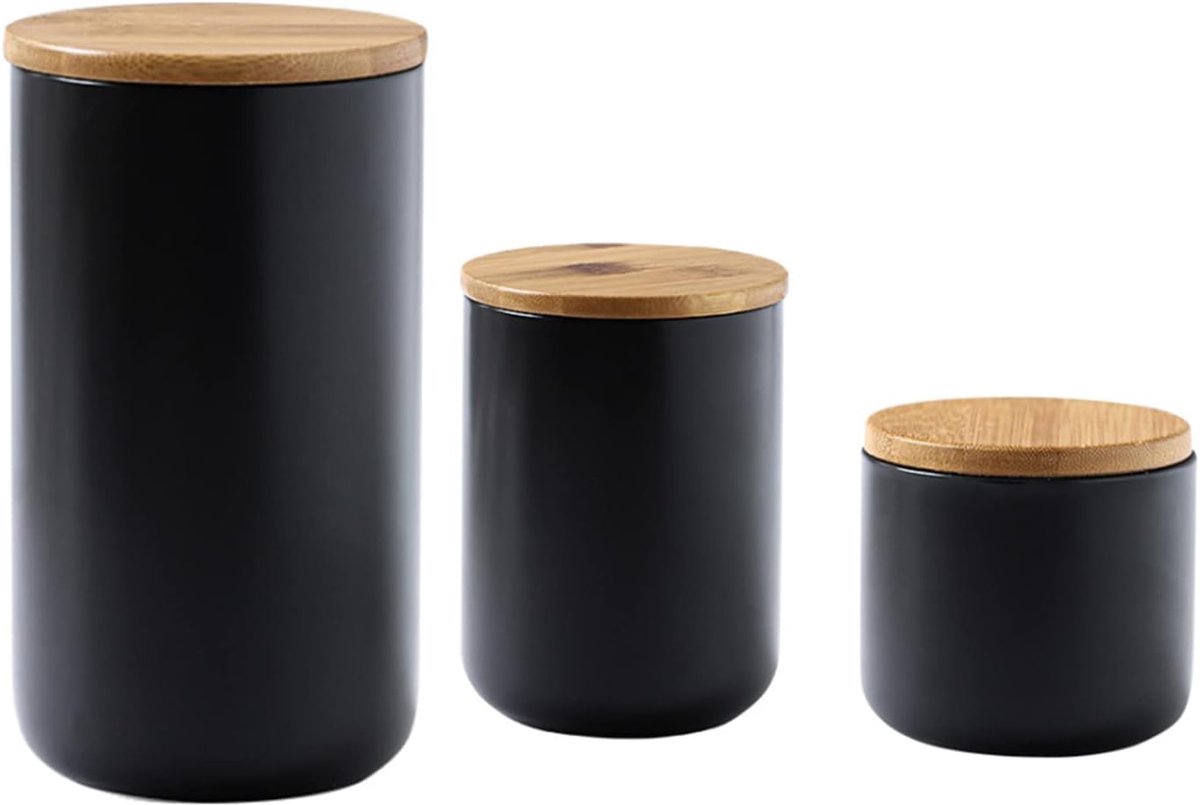 3-delige set multifunctionele keramische luchtdichte pot,koffieboon gedroogd fruit snack theepot,keukenopslag,Scandinavische keuken opbergdoos met houten deksel,gemakkelijk schoon te maken (Black)