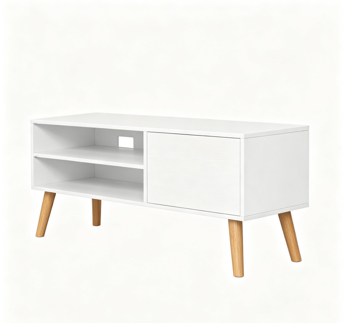 TV-Meubel 40 x 120 x 49 cm, TV-Kast Voor TV’s Tot 55 Inch, Met 2 Open Vakken En Verborgen Opbergruimte, Kabeldoorvoer, Modern Design, Schuine Poten, Spaanplaat + Hout, Wit + Naturel, Voor Woonkamer En Slaapkamer
