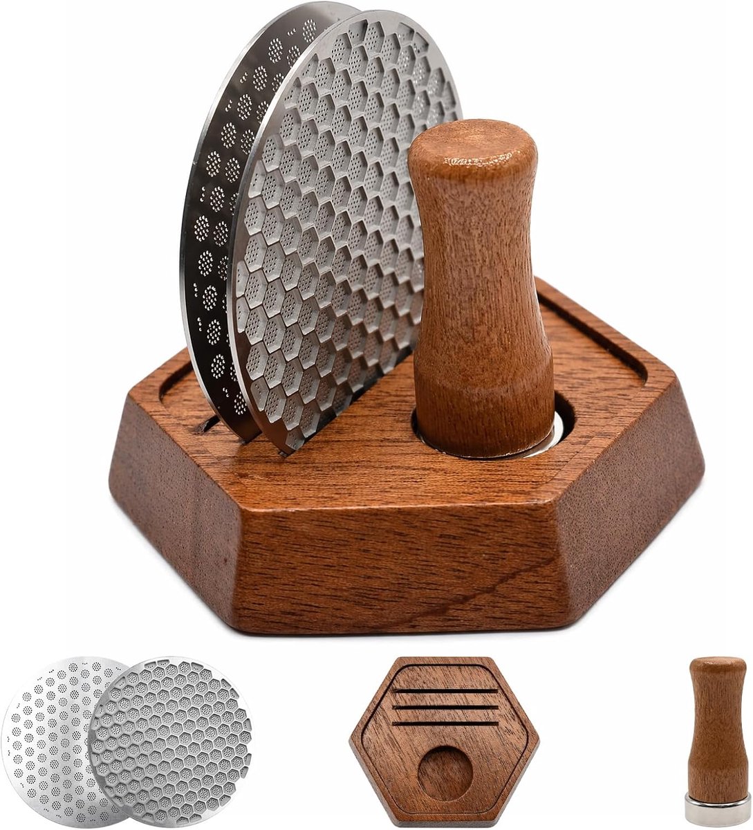 4 stuks 58,5 mm espresso puck screen, 0,8 mm dik, herbruikbaar koffiefilter van 304 roestvrij staal met magnetische handgreep, opbergstandaard van hout, filterhouder, accessoires, filter voor