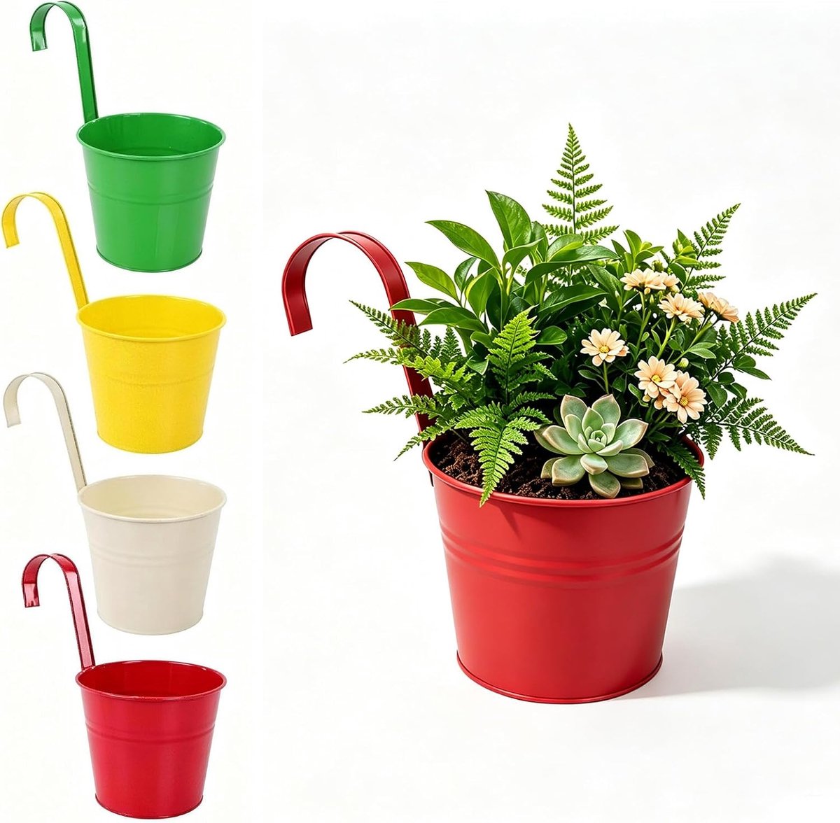 Set van 4 hangmanden, bloempot, 16 cm, hoogte 26 cm, met afneembare handgreep, verzinkt ijzer, afvoergat, robuust en duurzaam, hangend voor balkon, leuning, raam, model 02 (kleurrijk)
