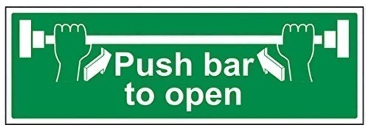 Safe Condition Deurbord, Push Bar To Open", Landschap, 1 mm Rigid Kunststof, 450 mm x 150 mm, Groen