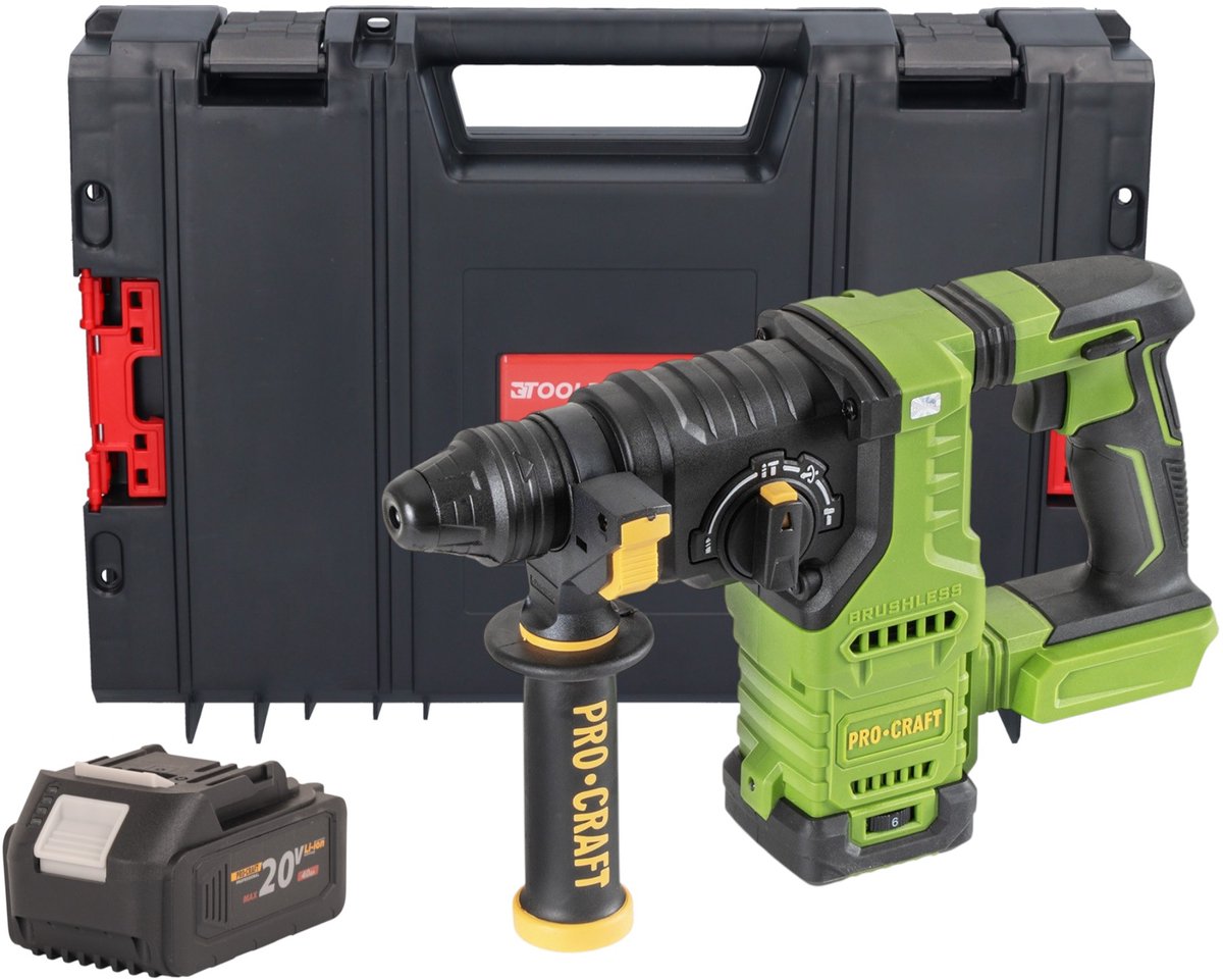 Procraft PHA30bb accu-boorhamer 20 V 2,8 J SDS plus borstelloos + 1x accu 4,0 Ah + RHINO-gereedschapskoffer - zonder oplader