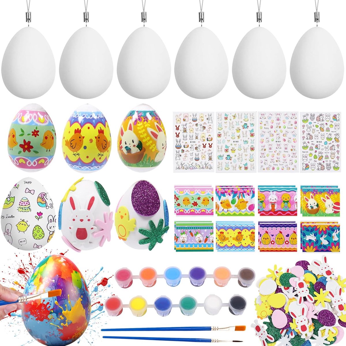 Paaseieren, plastic paaseieren om te beschilderen, op te hangen, eieren met touw, paaseieren, plastic, wit, paasdecoratie en stickers voor Pasen, knutselen, beschilderen voor decoratie en cadeau