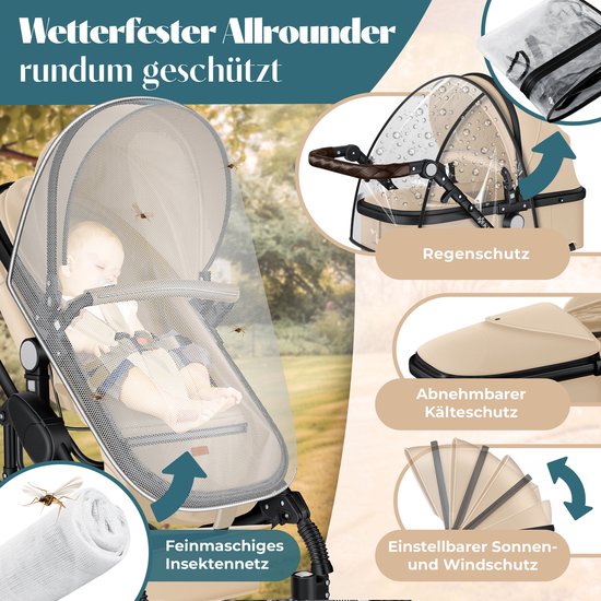 KESSER® Kinderwagen 3 in 1 Loops Wandelwagen Set incl. Autostoel & Reiswieg & Buggy Sportzitje - Massieve Rubberbanden - Luiertas / Regenhoes - Beige / Zwart van KESSER® — afbeelding 3