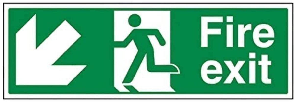 "Fire Exit Arrow Down Left" Sign, 1 mm Rigid Plastic, Landschap, 450 mm x 150 mm, Groen