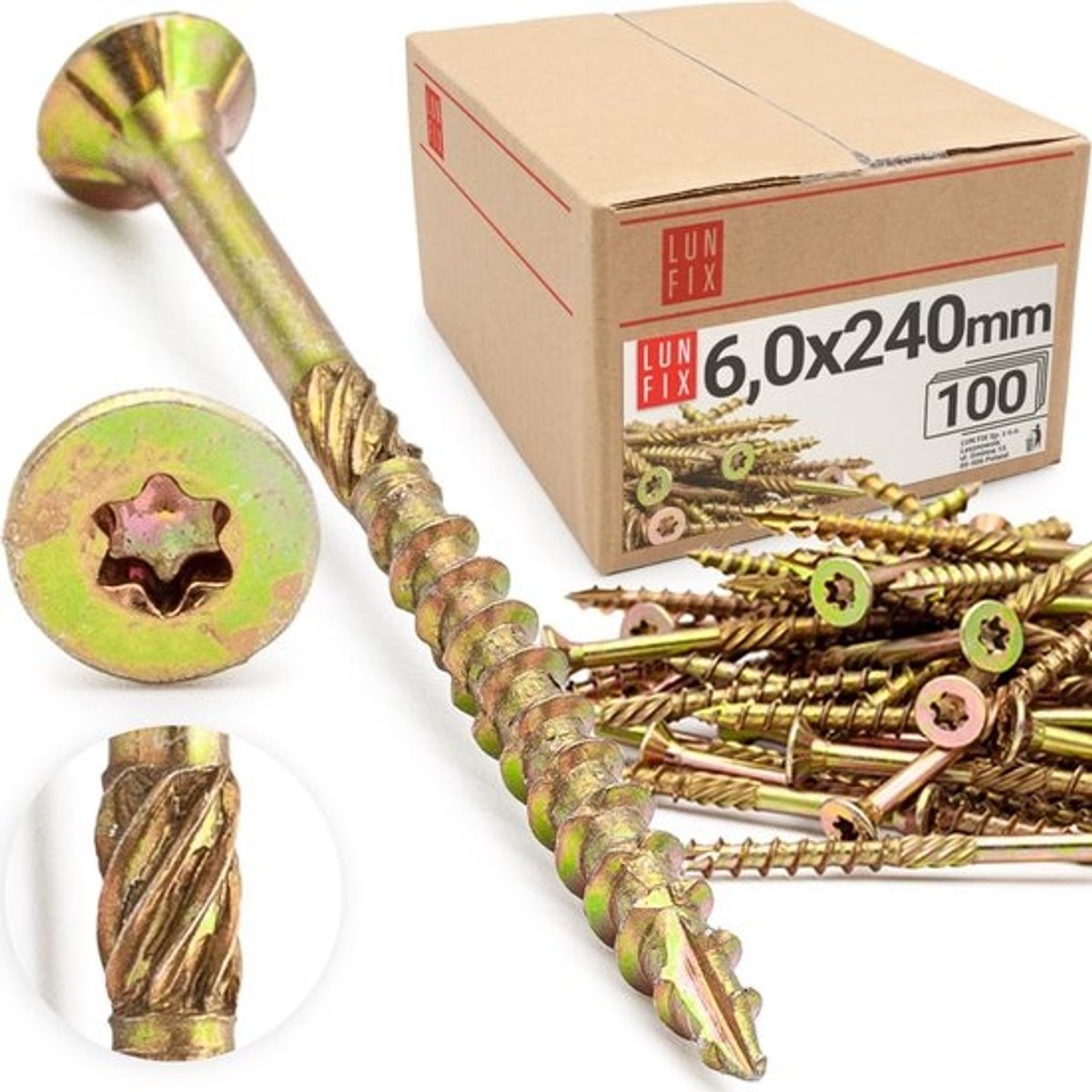 Spaanplaatschroeven 6x240mm Torx TX30 Geel Verzinkt - 100 Stuks Houtschroeven met Verzonken Kop