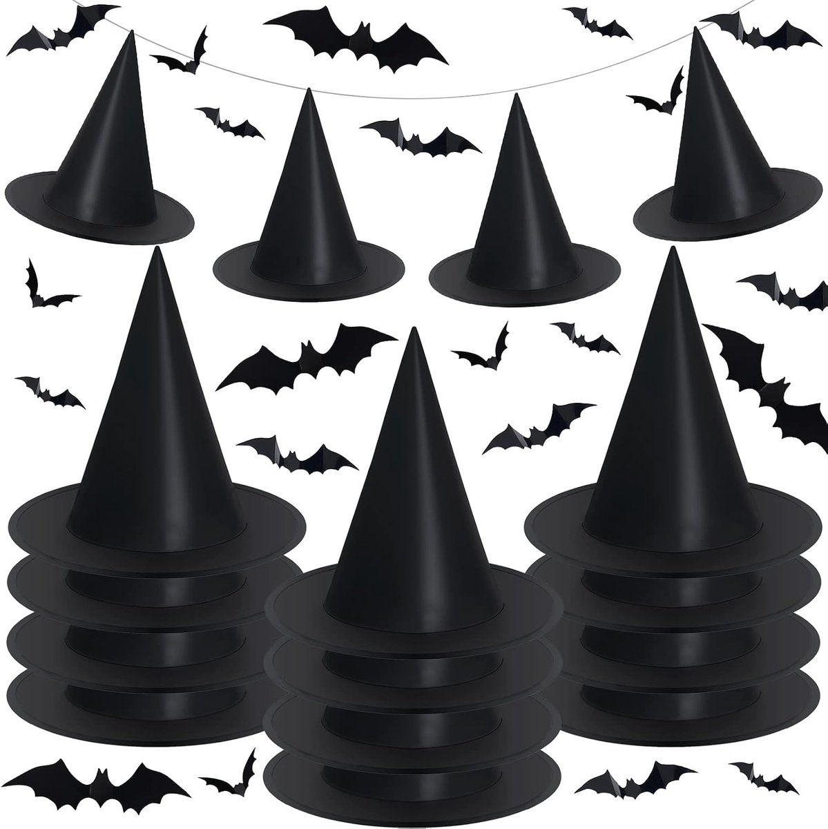 KZQ 12 Stuks zwarte hangende heksenhoeden – Inclusief 24 3D-vleermuizen – Halloween-decoratie – Geschikt als wanddecoratie voor binnen en buiten