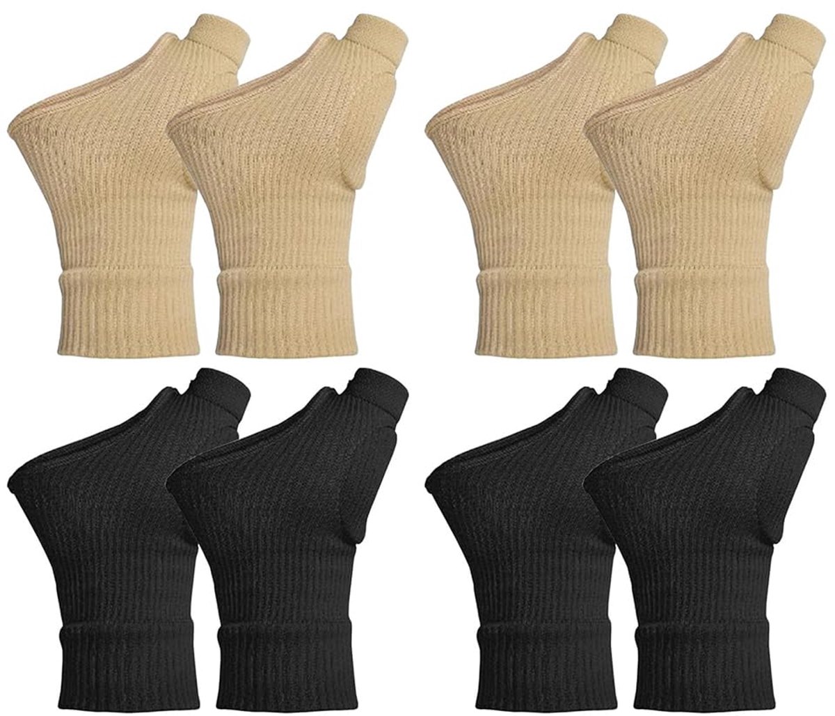 set van 4, L polsbandages, duimbandage rechts links voor duimzadelgewricht, bandage, artrose, handschoenen, duimspalk, polssteun, compressie, zwart en huidskleur