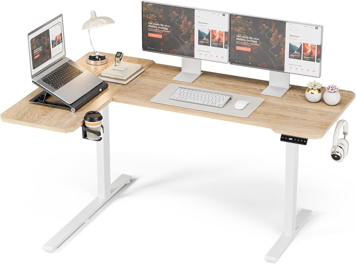 Elektrisch in Hoogte Verstelbaar Bureau, 150 x 100 CM Verstelbare Tafel met Bekerhouder en Haak, Lichtbruin