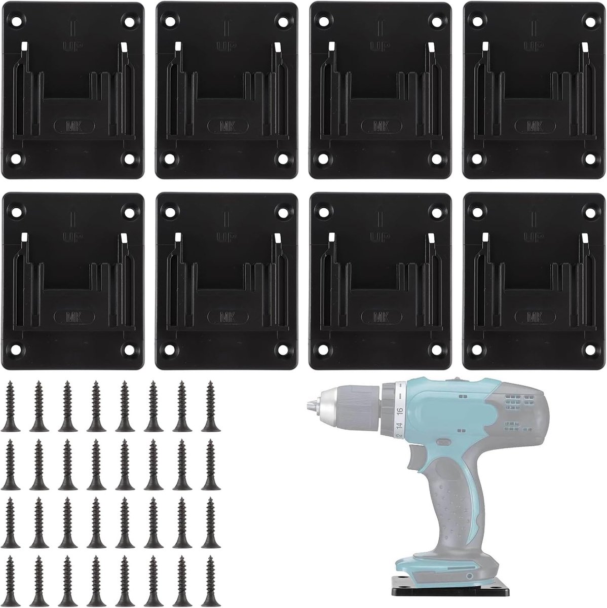 Dailygoods - Muurbeugel - Gereedschapshouder - Voor boorgereedschap - Zwart - Batterijhouder - Voor werkplaatsopslag - 8 stuks