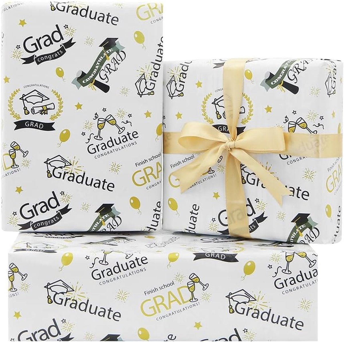 Dailygoods- Cadeaupapier Afstudeerfeest - 4 Vellen 50x70cm - Goud/Wit - Inpakpapier - Hoogwaardige Kwaliteit - Inclusief Rol Gouden Lint