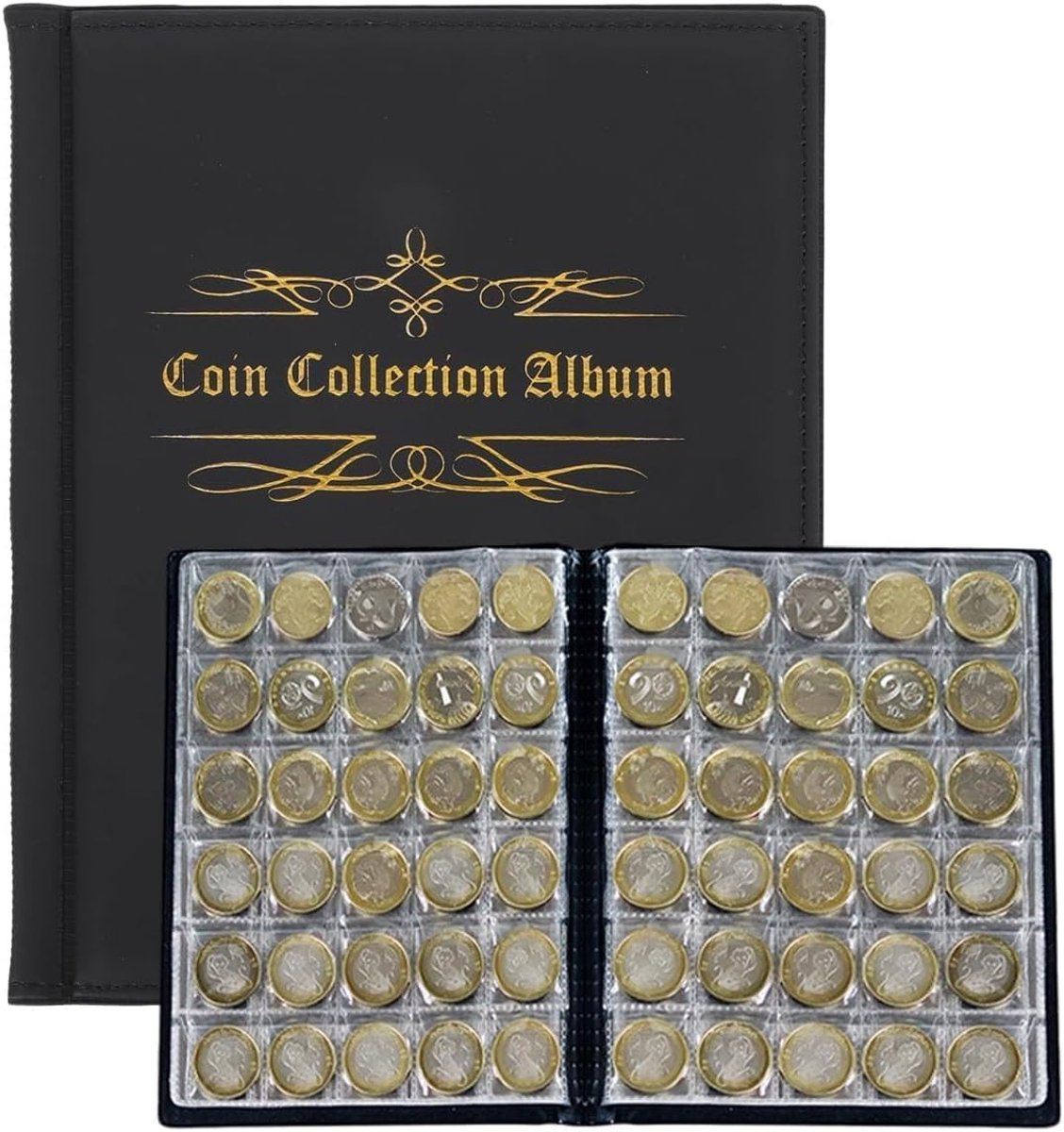 Dailygoods- Muntenalbum Grote Capaciteit - Munthouder - Munten Verzamelmap - Opslag voor Munten - 480 Vakken - Zwarte Kunstleren Cover - Muntenverzame