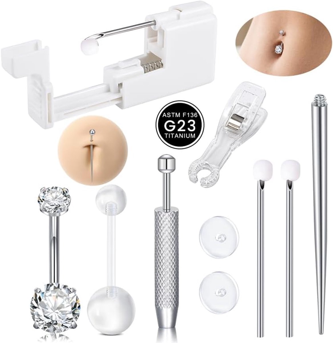10 stuks G23 titanium piercingset, professionele 13G/14G piercingpistolen set met titanium navelsteker, septumring, tepelpiercing, tongpiercing en lippensteker en bal grabber gereedschap