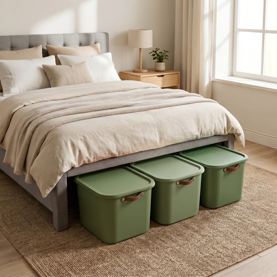 Drie groene opbergboxen met leren handgrepen passen onder een bed, op een jute vloerkleed.