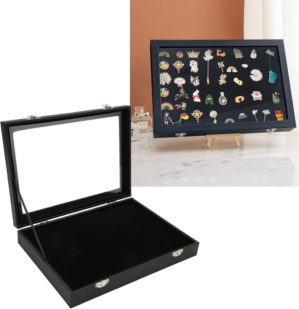 Dailygoods- Badge-vitrine Stofdicht - Transparant Glazen Deksel - Broche/Sieradenpresentatiedoos - Georganiseerde Opslag - Beschermende Voering - Niet