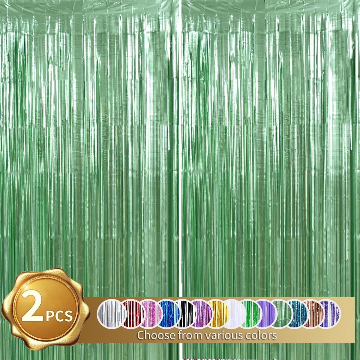 Set van 2 lichtgroene folie-franjes, 1 x 2 m metallic glitter gordijn voor verjaardag, bruiloft, babyshower, kerstfeestdecoratie