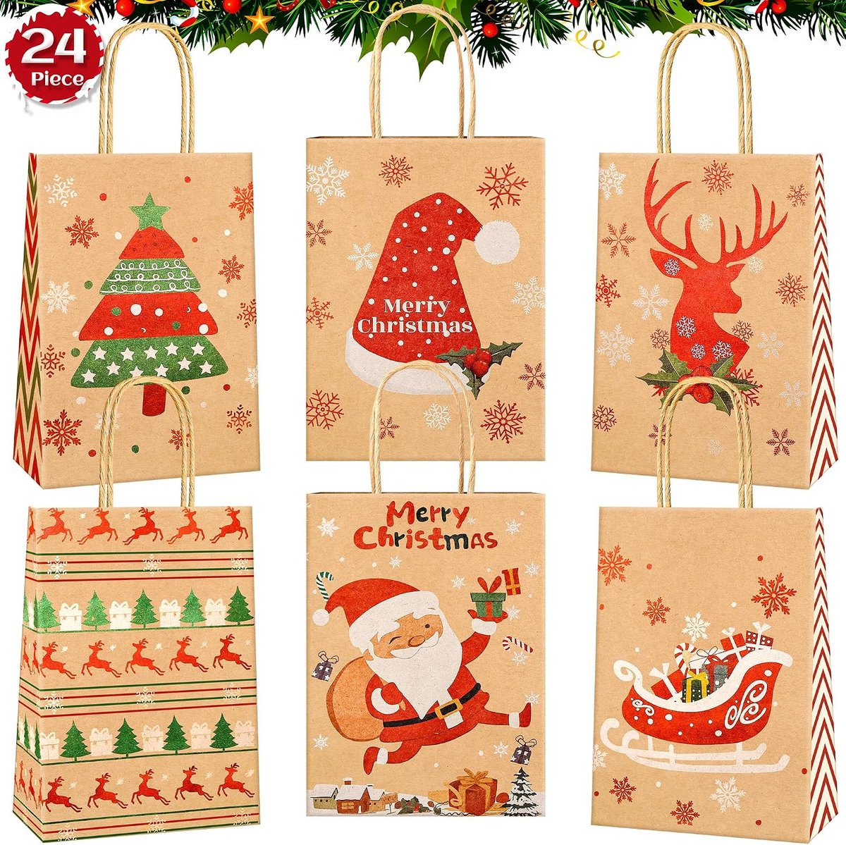 24 stuks geschenkzakjes voor Kerstmis, kerstpapieren zakjes met handvat, kerstzakjes om te vullen, kraftpapier kerstcadeauzakjes met kerstprint en 1-24 cijferstickers