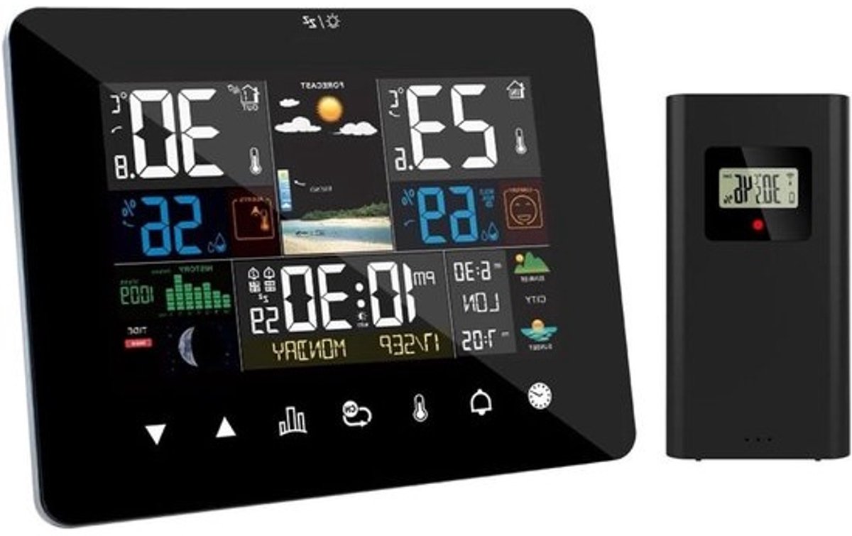 Weerstation met sensor - Digitale klok - Weersvoorspelling binnen - Touchscreen bediening - 60 meter bereik - Wit
