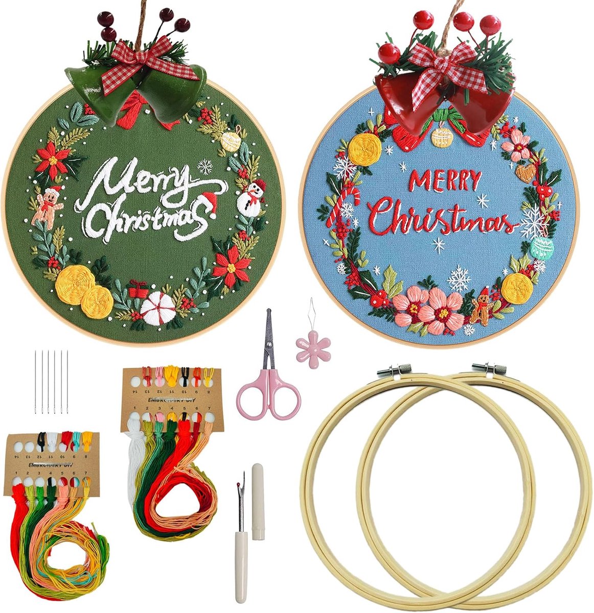 Borduurpakket voor Kerstmis, 2 stuks, voor beginners, volwassenen, met 2 bamboe borduurframes, handleiding en gereedschap, knutselset (slinger