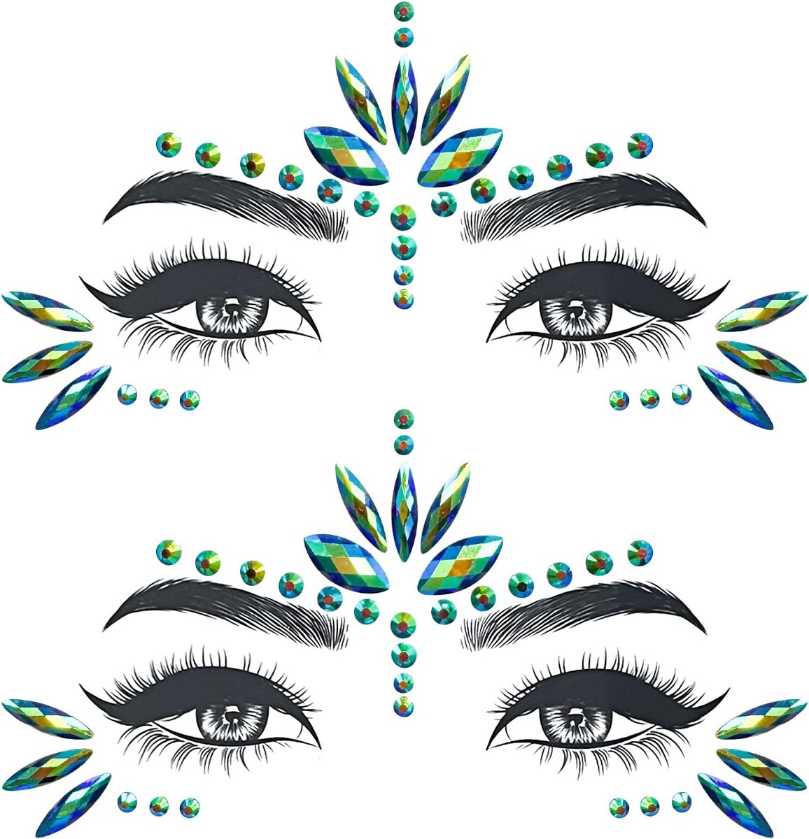 2 stuks gezichtstoeages, blauwe tattoostickers, glitterstenen, make-up, gezicht, feest, Halloween, Kerstmis, verjaardag, make-up