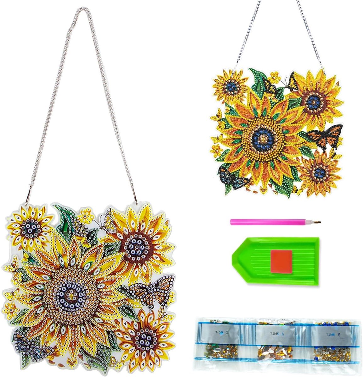 fuxunamz Diamond Painting raamafbeeldingen, 5D diamond painting, hanger, zonnebloem met ketting, hangende ornamenten, knutselset, creatief voor foto's, kinderen, voor ramen, muur en entree, decoratie