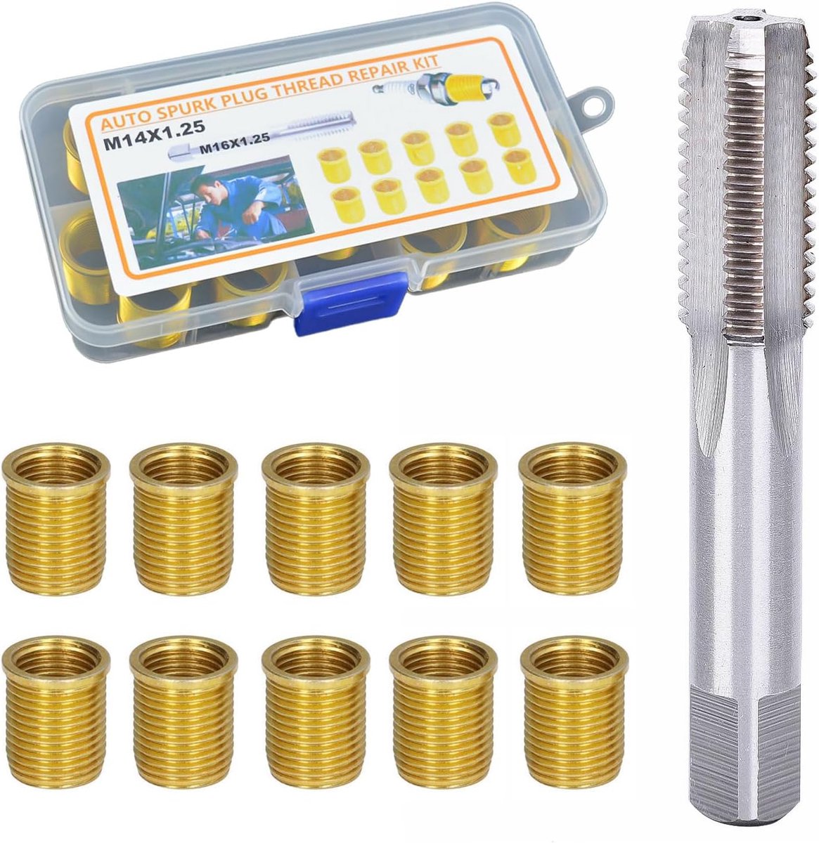 10 stuks reparatiegereedschap voor bougiedraadgaten M14 × 1,25 mm, met waterkraan, metaalmateriaal, Geschikt voor benzinemotoren, generatoren, dieselmotoren (goud)