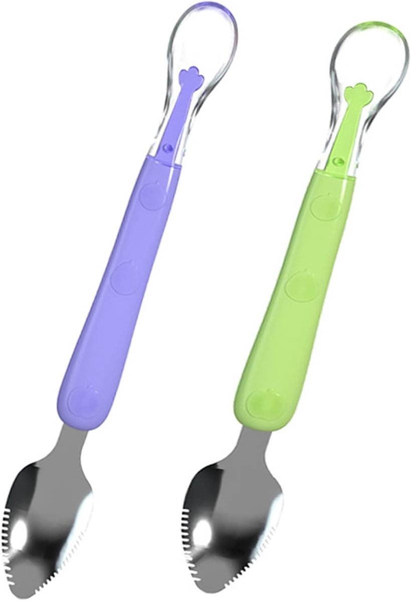 Lepels, 2 stuks babylepels maanden, siliconen lepels voor baby's en peuters, BPA-vrij, fruit, afpellen, aanvullend eten, geschikt voor baby's en peuters, geschikt voor vaatwasser en vriezer (paars-blauw)