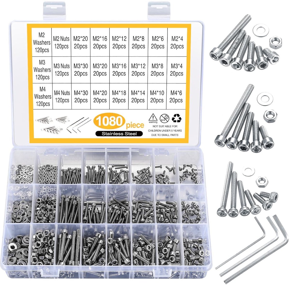 Stalen Cilindrische Schroeven met Inwendige Zeskant, 1080 Stuks M2 M3 M4 Schroeven met Moeren en Ringen, Machine Schroefdraad, Assortiment Schroefset