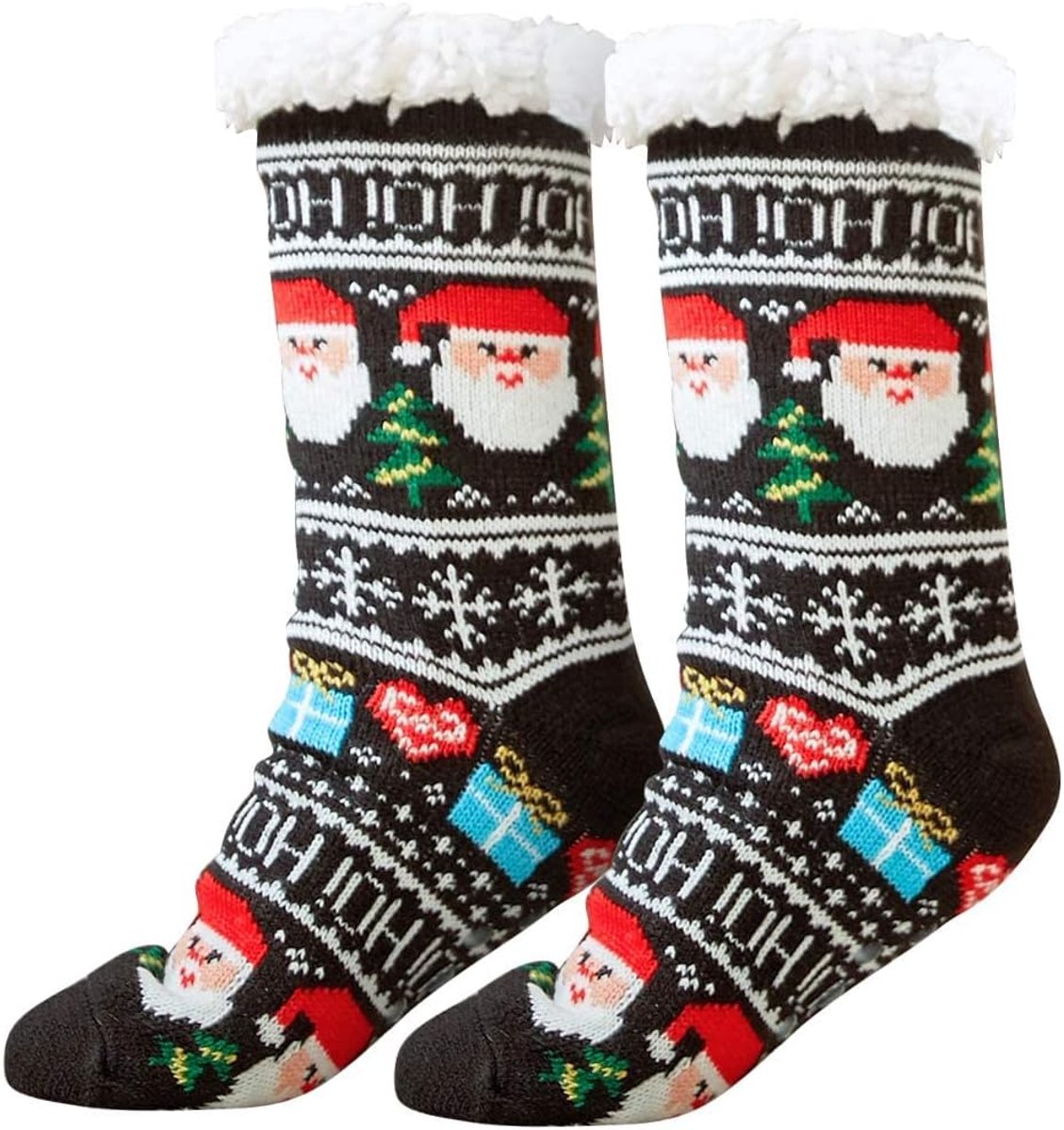 Sokken, uniseks, warme sokken, kerstsokken, knuffelsokken voor dames, huissokken, kerstsokken met teddyvoering en anti-slip noppen, wintersokken voor dames en heren
