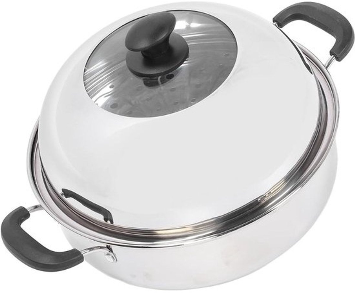 Stoompot met Deksel - Kookgerei Stomer - Gezond Koken - 2 Niveaus - 32 cm Diameter - Zilver