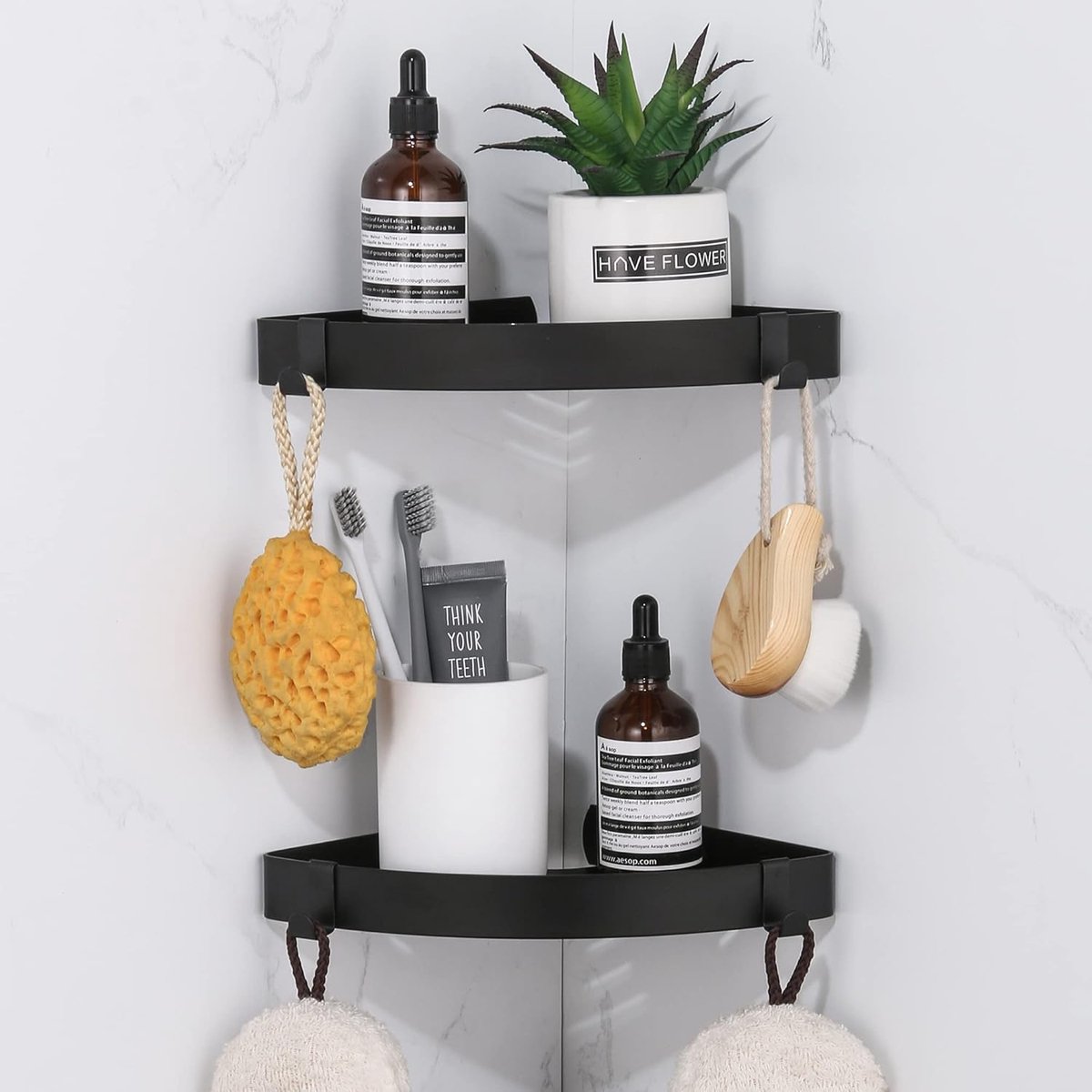 Badkamer Hoekplank Zonder Boren Douche Caddy Organizer Plank Roestvrij Staal Compact Zelfklevend Opbergrek Netjes Wandmontage Badkamer Accessoire Planken met Haken Zwart 2 Pack