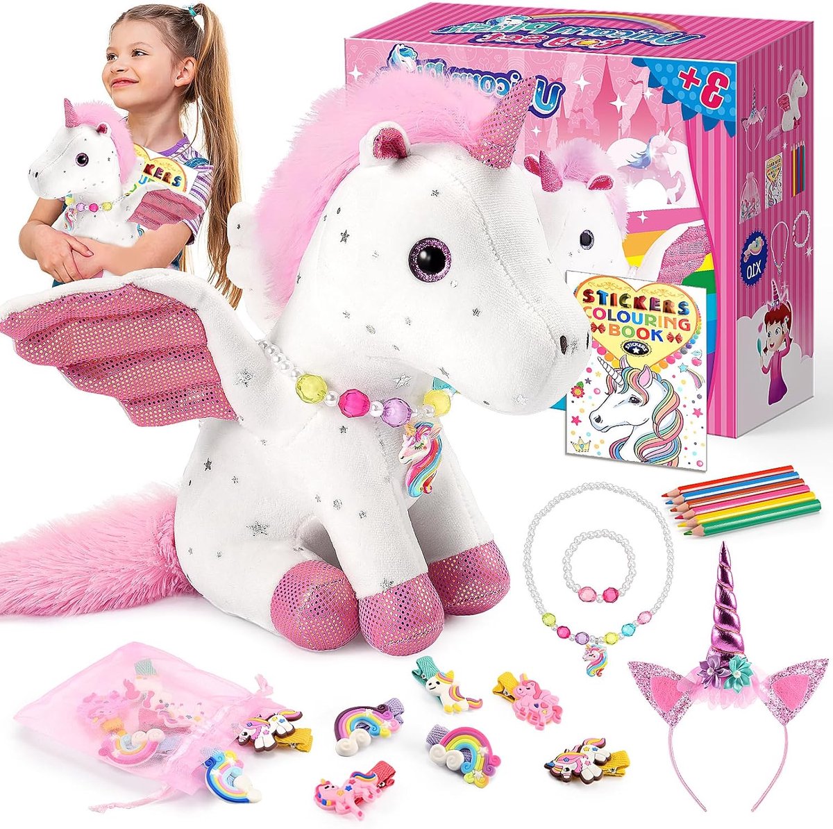 Knuffeldierset voor meisjes, 15 stuks, bevat eenhoorn-knuffeldier, eenhoorn-krasafbeeldingen, haarband, eenhoorn-cadeaus voor meisjes van 3 tot 12 jaar, eenhoorn, speelgoed -12