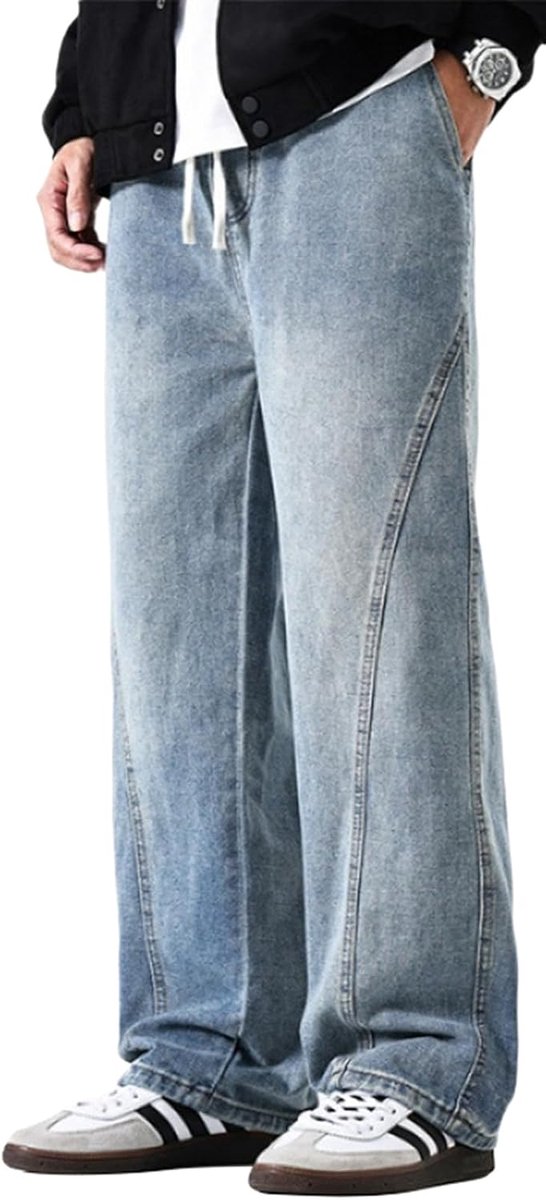 Jeans, elastische taille, cargobroek met 4 zakken, casual, Y2K jeans, rechte snit, losse pasvorm, werkbroek, brede pijpen, denim, streetwear