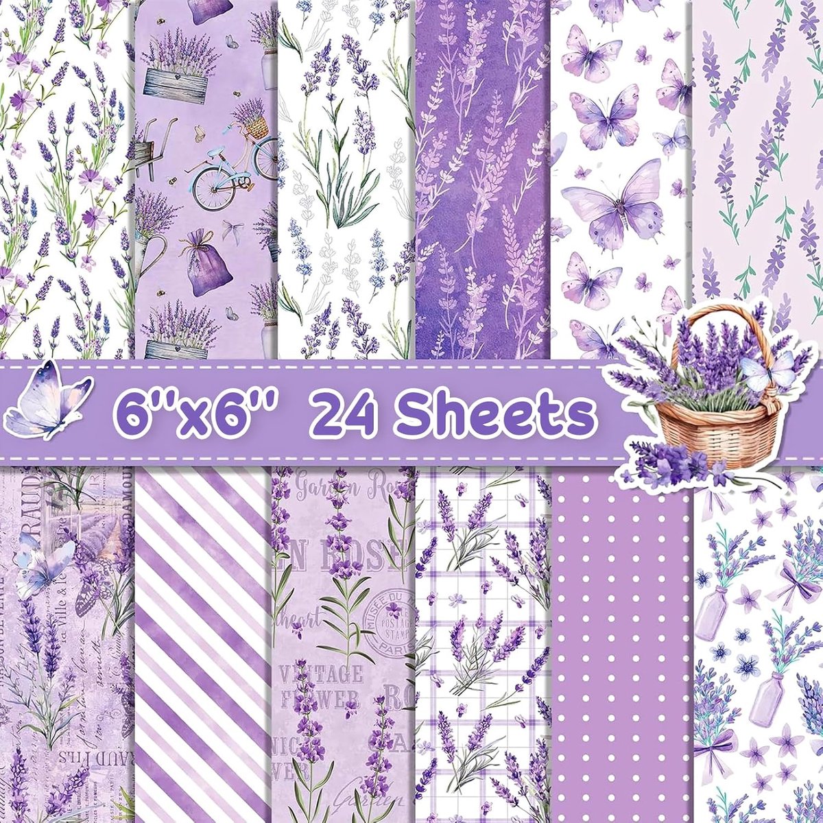 24 vellen, paars, bloemen, knutselpapier, 15 x 15 cm, dubbelzijdig patroon, papier, vlinder, kleurrijk decoratief papier, knutselpapier voor dagboek, fotoalbum, kalender, notitieboek